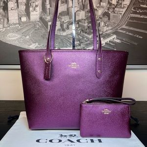 Coach Set Purple Raspberry Metallic Shoulder Bag Tote and matching  Wallet